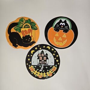 Vtg 80s Vinyl Halloween Placemats Black Cat Spooky‎ Ghost Vinyl Nostalgia Round